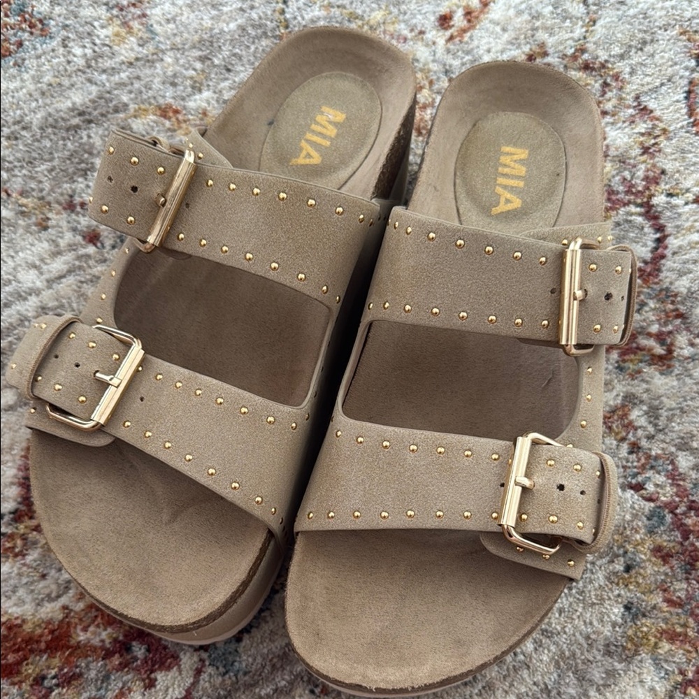 MIA Tan Sandals with Gold Accents